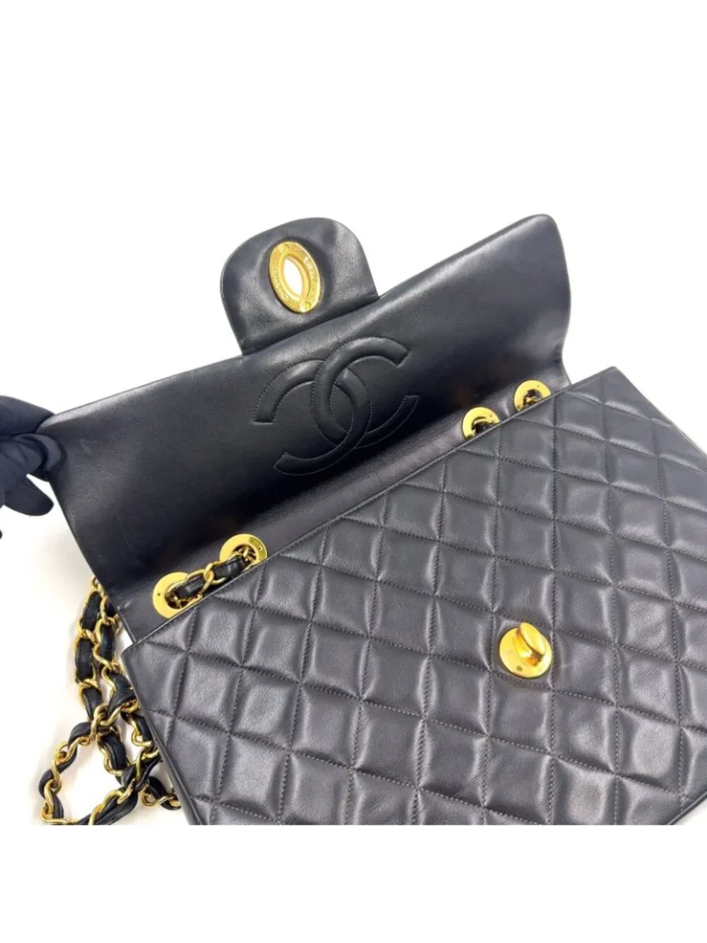 Chanel Maxi Quilted 34 Lambskin Black Chain Shoulder Bag Gold